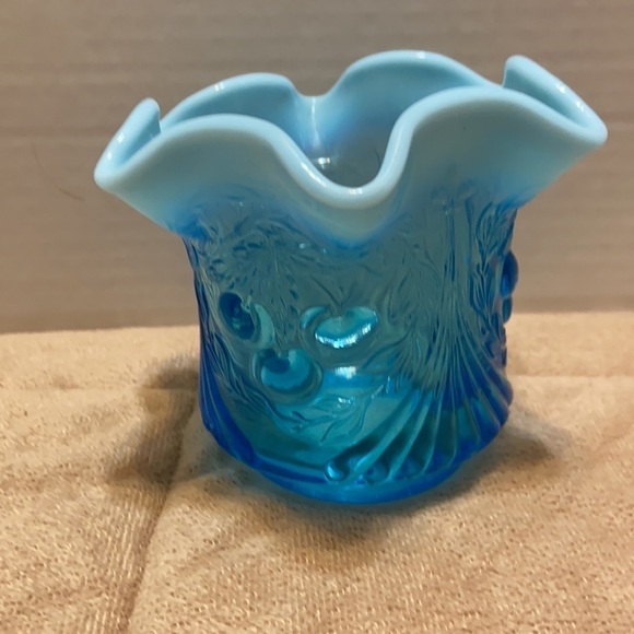 Fenton Blue opalescent ruffled cherry pattern glass vase - Picture 3 of 8